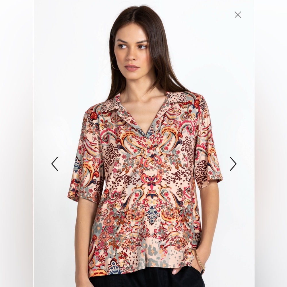 Johnny Was Pink Paisley Floral Print Short Sleeve V-Neck Top